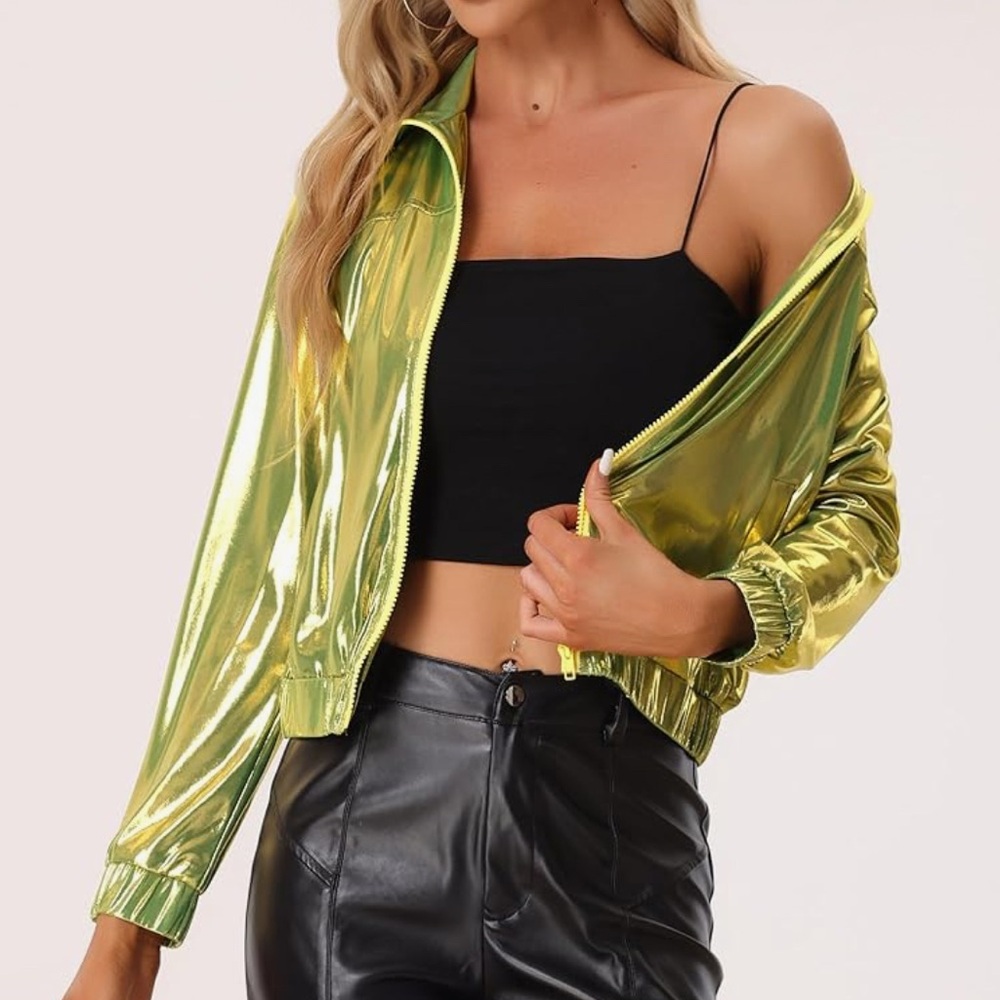 Metallic Green Collared Bomber Long Sleeve Jacket with Pockets - Picture 3 of 7